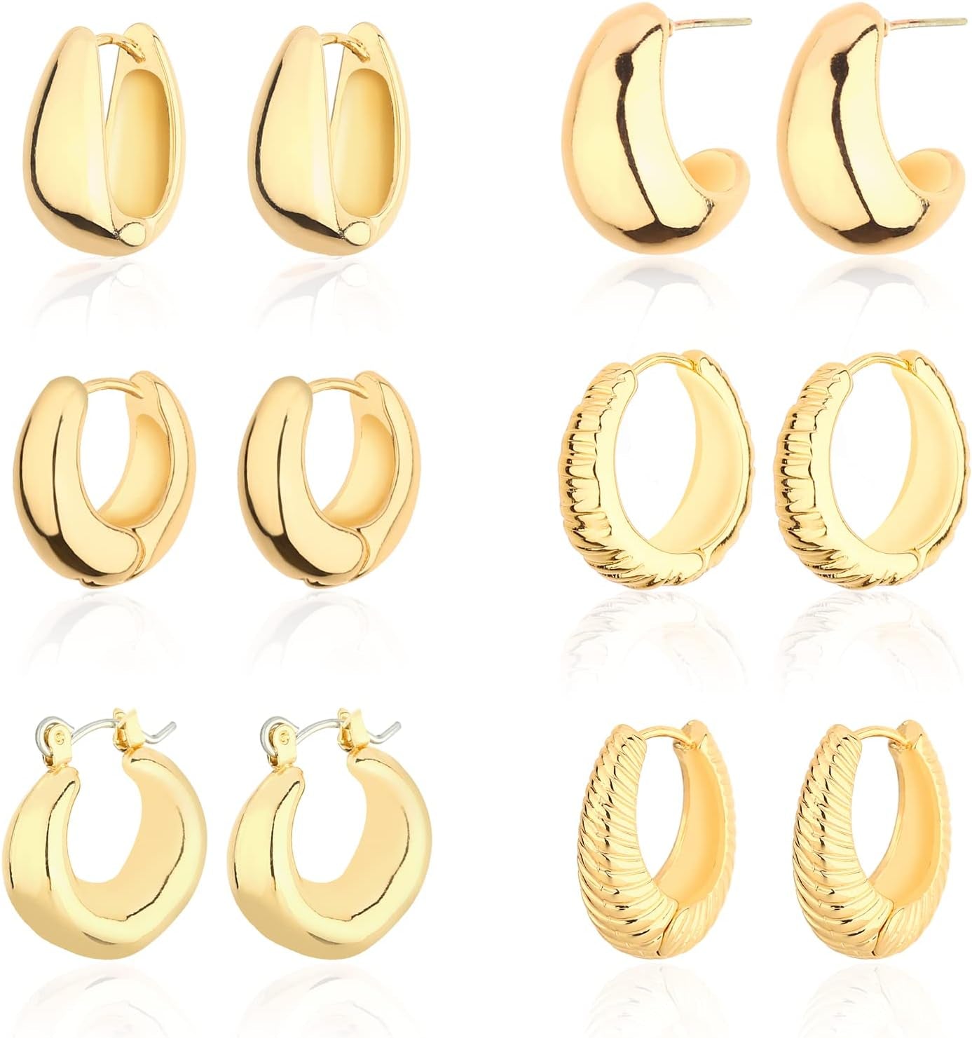 Set de 6 Aretes de Aro Chunky en Oro 14K