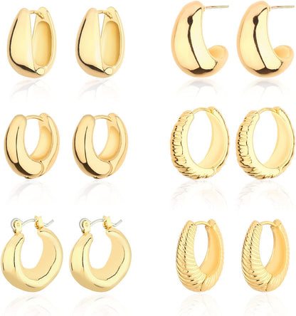 Set de 6 Aretes de Aro Chunky en Oro 14K