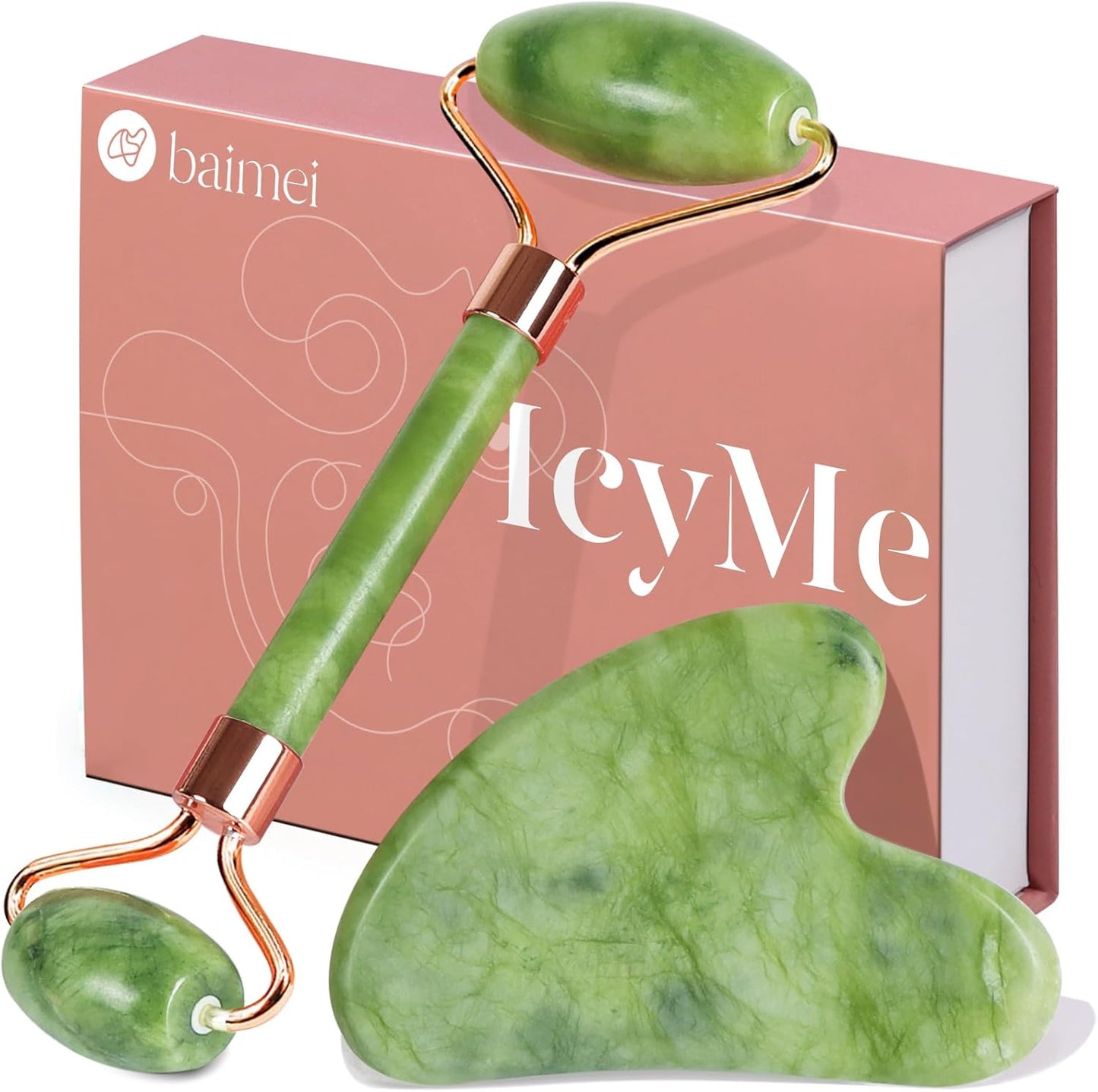 Icyme Gua Sha & Jade Roller Facial Tools Face Roller and Gua Sha Set for Puffiness and Redness Reducing Skin Care Routine, Self Care Gift for Men Women - Green