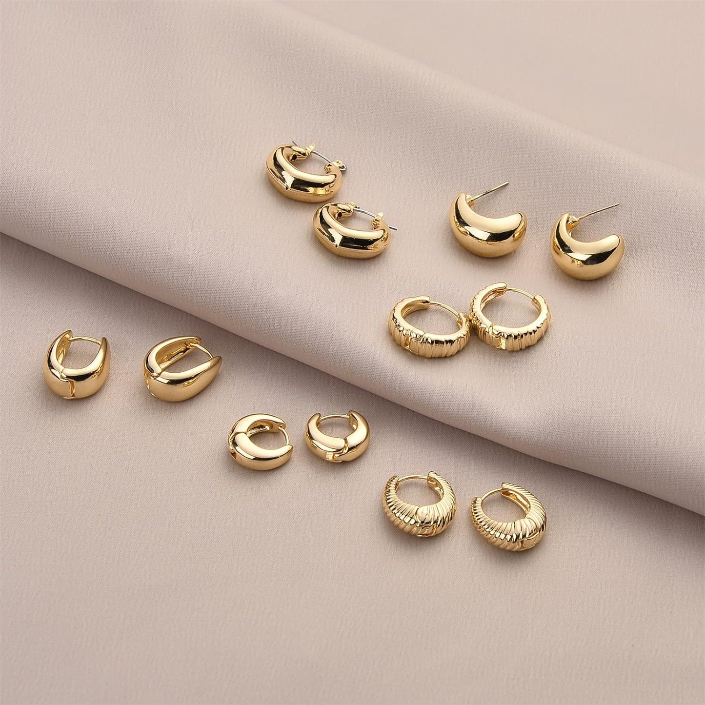 Set de 6 Aretes de Aro Chunky en Oro 14K