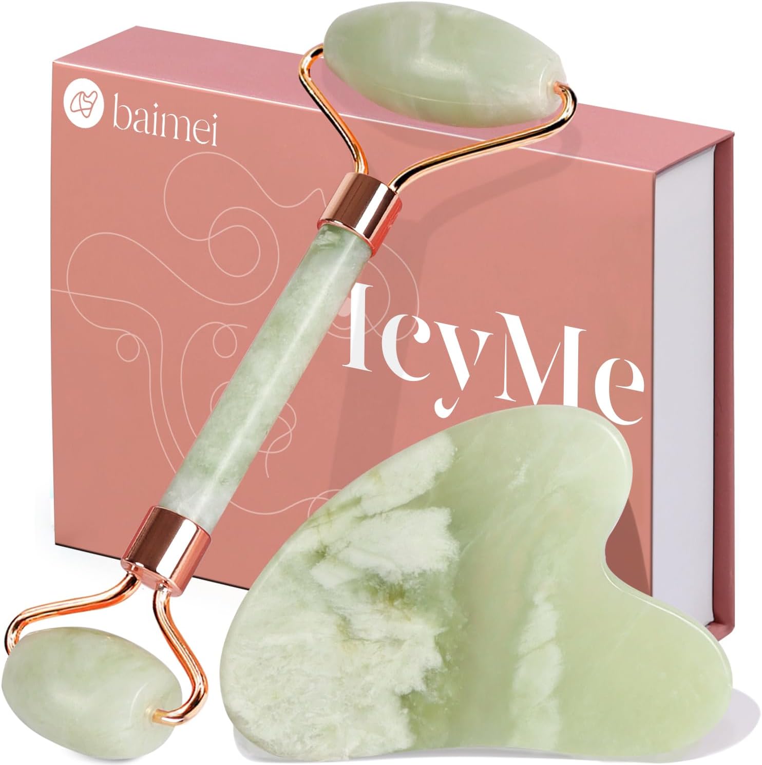 Icyme Gua Sha & Jade Roller Facial Tools Face Roller and Gua Sha Set for Puffiness and Redness Reducing Skin Care Routine, Self Care Gift for Men Women - Green